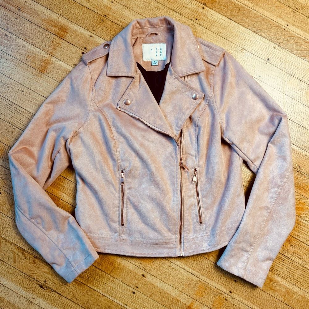 a new day - Light Pink Faux Suede Zip Up Jacket with Rose Gold Metallic Hardware